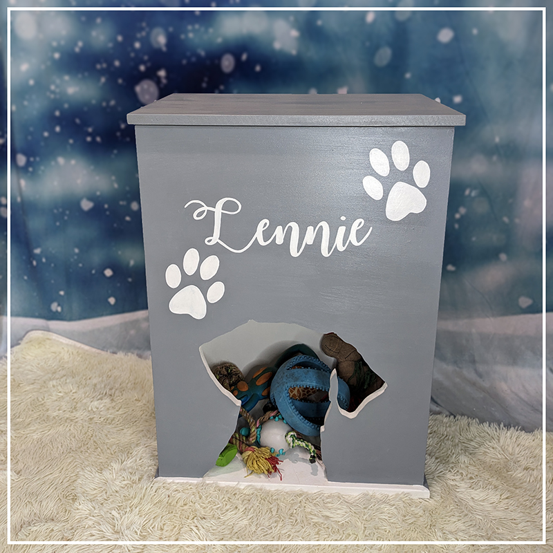 grey white great dane dog toy box